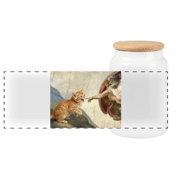 Cat Slaps God's Hand Funny Cats Meme - Panoramic Cookie Jar with Wooden Lid - white - Front