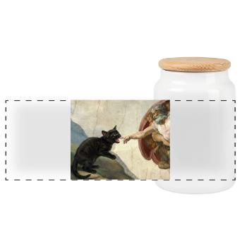 Cat Slaps God's Hand Funny Cats Meme - Panoramic Cookie Jar with Wooden Lid - white - Front
