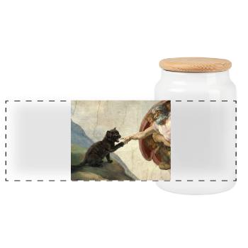 Cat Slaps God's Hand Funny Cats Meme - Panoramic Cookie Jar with Wooden Lid - white - Front