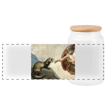 Ferret Beats God's Hand Ferret Meme - Panoramic Cookie Jar with Wooden Lid - white - Front