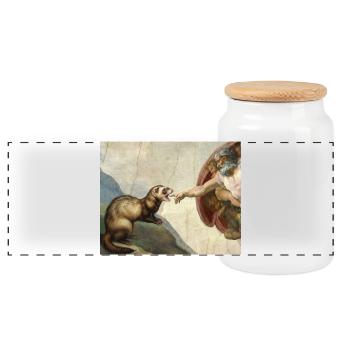 Ferret Beats God's Hand Ferret Meme - Panoramic Cookie Jar with Wooden Lid - white - Front