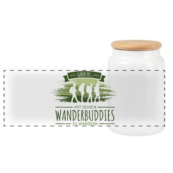 Glück ist mit Wanderbuddies zu wandern - Panorama Keksdose mit Holzdeckel - Weiß - Vorne