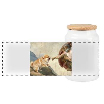 Dog God Hand Pomeranian Dog meme - Panoramic Cookie Jar with Wooden Lid - white - Front