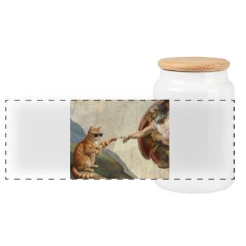 Cat Slaps God's Hand Funny Cats Meme - Panoramic Cookie Jar with Wooden Lid - white - Front