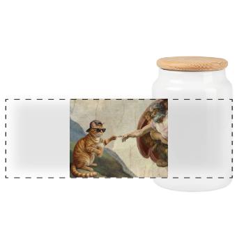 Katze Schlägt Gottes Hand Lustiges Katzen meme - Panorama Keksdose mit Holzdeckel - Weiß - Vorne