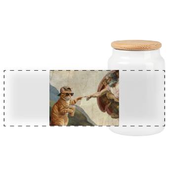 Cat Slaps God's Hand Funny Cats Meme - Panoramic Cookie Jar with Wooden Lid - white - Front