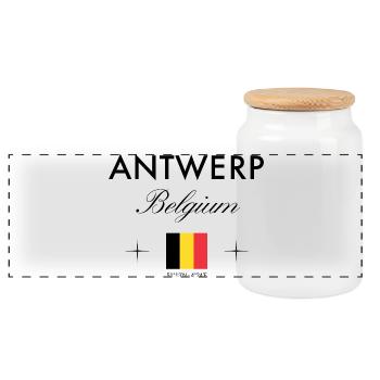 Antwerp Belgium Coordinates Travel Souvenir - Panoramic Cookie Jar with Wooden Lid - white - Front