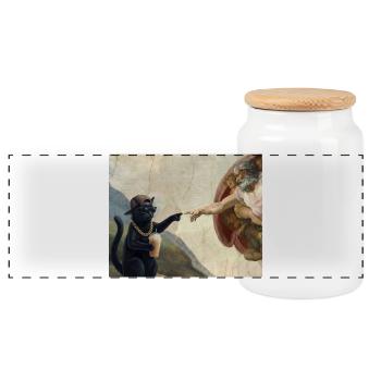Cat Slaps God's Hand Funny Cats Meme - Panoramic Cookie Jar with Wooden Lid - white - Front