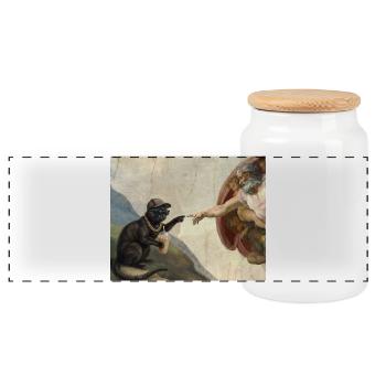 Cat Slaps God's Hand Funny Cats Meme - Panoramic Cookie Jar with Wooden Lid - white - Front