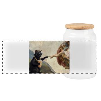 Katze Schlägt Gottes Hand Lustiges Katzen meme - Panorama Keksdose mit Holzdeckel - Weiß - Vorne