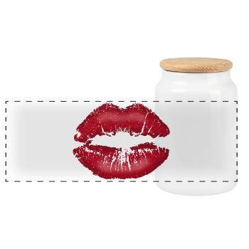 Kiss me! Kissing Lips with Lipstick Lip Saying - Panoramic Cookie Jar with Wooden Lid - white - Front