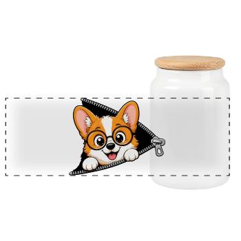 Corgi Hund Reißverschluss - Panorama Keksdose mit Holzdeckel - Weiß - Vorne