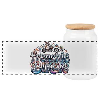 Frenchie biker - 004 - Panoramic Cookie Jar with Wooden Lid - white - Front
