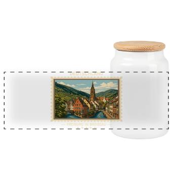 Deutschland Freiburg im Breisgau Vintage Reisemark - Panorama Keksdose mit Holzdeckel - Weiß - Vorne