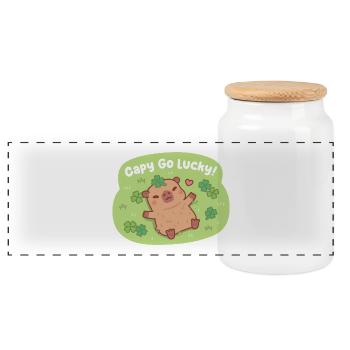 Niedlicher Capy Go Lucky Capybara Vierblattklee-Patch - Panorama Keksdose mit Holzdeckel - Weiß - Vorne