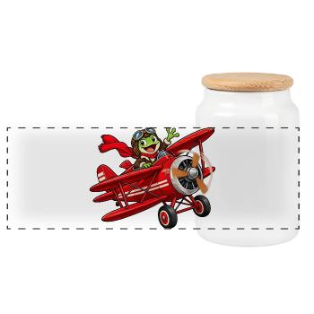 Frosch Pilot im roten Flugzeug roter Baron - Panorama Keksdose mit Holzdeckel - Weiß - Vorne
