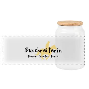 Buschreiterin - Panorama Keksdose mit Holzdeckel - Weiß - Vorne