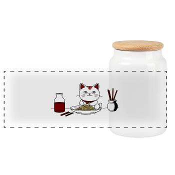 Katze und Ramen - Panorama Keksdose mit Holzdeckel - Weiß - Vorne