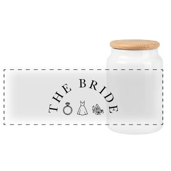 The Bride - Half Rice with Ring, Dress and Shoes - Panoramic Cookie Jar with Wooden Lid - white - Front