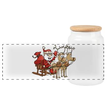 Froher Weihnachtsmann mit zwei Rentieren - Panorama Keksdose mit Holzdeckel - Weiß - Vorne