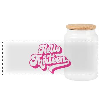 13th Birthday Gift, Hello Thirteen, 13 Years Old - Panoramic Cookie Jar with Wooden Lid - white - Front