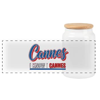 Colorful CANNES T-Shirt Design - Panoramic Cookie Jar with Wooden Lid - white - Front