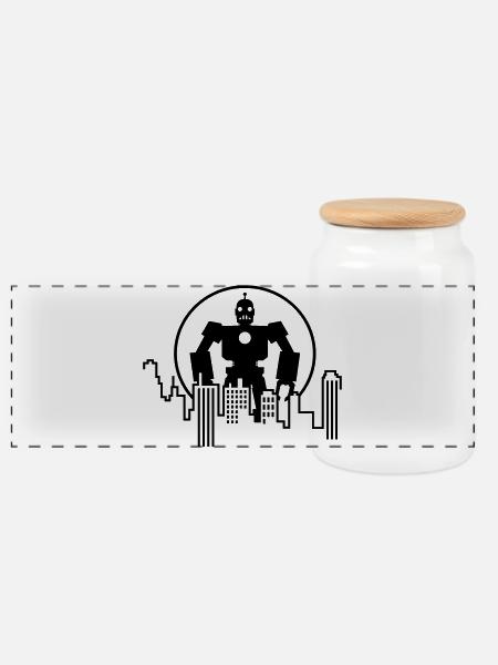 Robot Skyline – Sci-Fi Android Silhouette Shirt - Panorama Keksdose mit Holzdeckel - Weiß