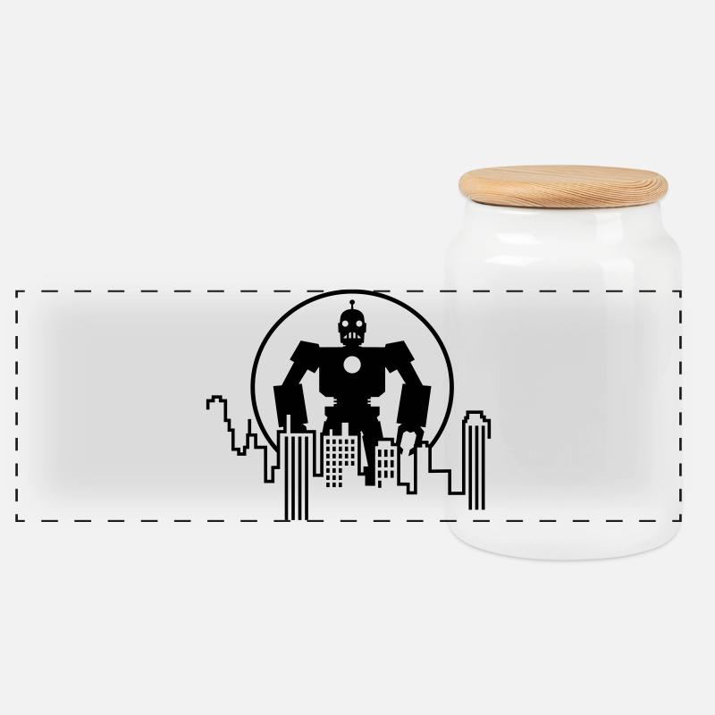 Robot Skyline – Sci-Fi Android Silhouette Shirt - Panorama Keksdose mit Holzdeckel - Weiß