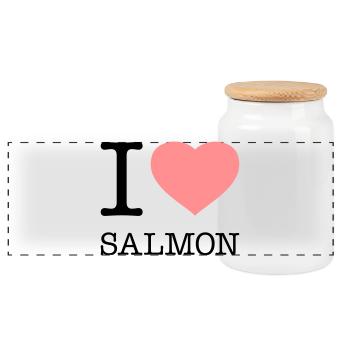 I LOVE SALMON Fisch Lachs - Panorama Keksdose mit Holzdeckel - Weiß - Vorne