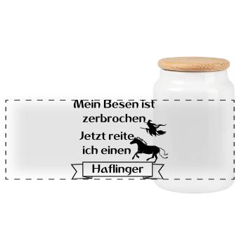 Mein Besen ist zerbrochen - Haflinger - Panorama Keksdose mit Holzdeckel - Weiß - Vorne