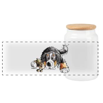 Berner Sennenhund knuddelt Teddy - Hund - Comic - Panorama Keksdose mit Holzdeckel - Weiß - Vorne