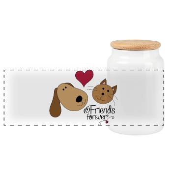 Dog and cat - Panoramic Cookie Jar with Wooden Lid - white - Front