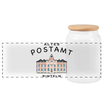 Rinteln, altes Postamt - Panorama Keksdose mit Holzdeckel - Weiß - Vorne