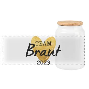 Team Braut 2023 goldenes Herz - Panorama Keksdose mit Holzdeckel - Weiß - Vorne