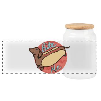 Dachshund Hot Dog Cartoon Design - Panoramic Cookie Jar with Wooden Lid - white - Front