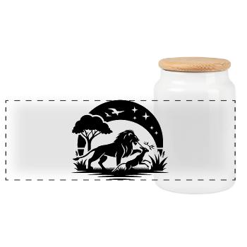 Lion on safari - Panoramic Cookie Jar with Wooden Lid - white - Front