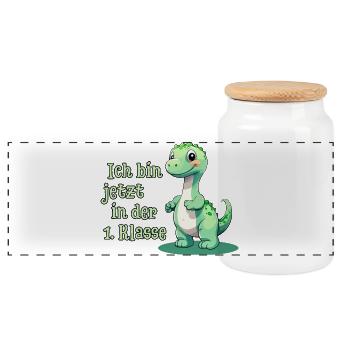 First day of school with Baby Dino - Panoramic Cookie Jar with Wooden Lid - white - Front