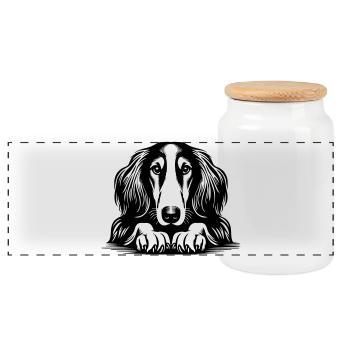 Saluki Head with Paws - Panoramic Cookie Jar with Wooden Lid - white - Front