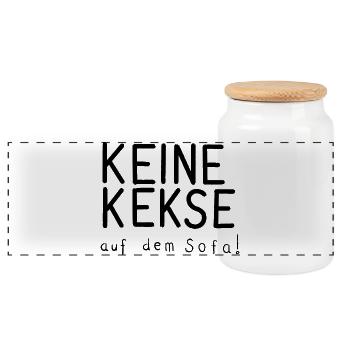 Keine Kekse auf dem Sofa – Lustiger Spruchmotiv - Panorama Keksdose mit Holzdeckel - Weiß - Vorne