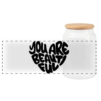 you are beautiful - Lettering / schwarz herzform - Panorama Keksdose mit Holzdeckel - Weiß - Vorne