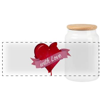 bitten heart with pink banner - Panoramic Cookie Jar with Wooden Lid - white - Front