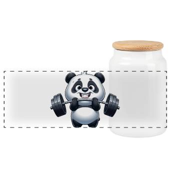Panda mit Hantel Bambus China Fitness Bodybuilding - Panorama Keksdose mit Holzdeckel - Weiß - Vorne