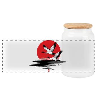 Japanese Cranes Red Sun Illustration - Panoramic Cookie Jar with Wooden Lid - white - Front