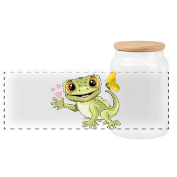 Funny smiling gecko with butterfly and hearts - Panoramic Cookie Jar with Wooden Lid - white - Front