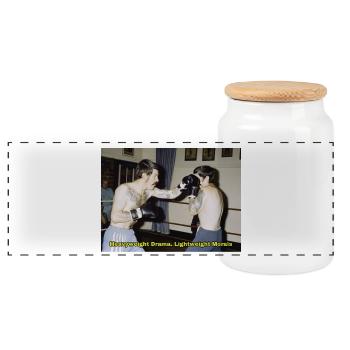 Boxing match with a moral message - Panoramic Cookie Jar with Wooden Lid - white - Front