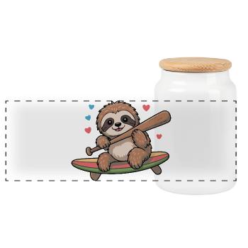 Sloth On Surfboard Hearts - Panoramic Cookie Jar with Wooden Lid - white - Front