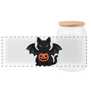 Halloween Fledermaus-Katze mit Kürbis - Panorama Keksdose mit Holzdeckel - Weiß - Vorne