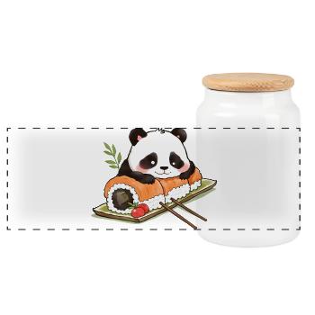 Panda Sushi – Oil Painting Anime Style - Panoramic Cookie Jar with Wooden Lid - white - Front