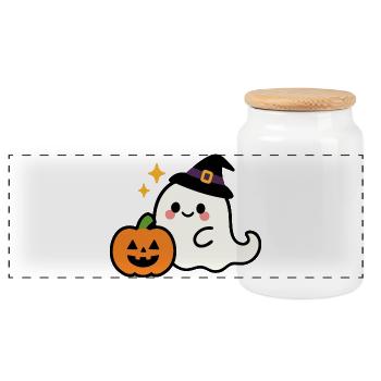 Cute But Spooky – Halloween Kawaii Ghost - Panoramic Cookie Jar with Wooden Lid - white - Front