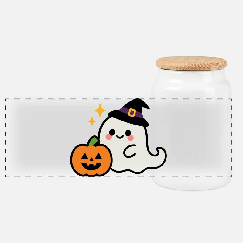 Mignon mais effrayant - Halloween Kawaii Ghost - Boîte à biscuits avec couvercle en bois - blanc